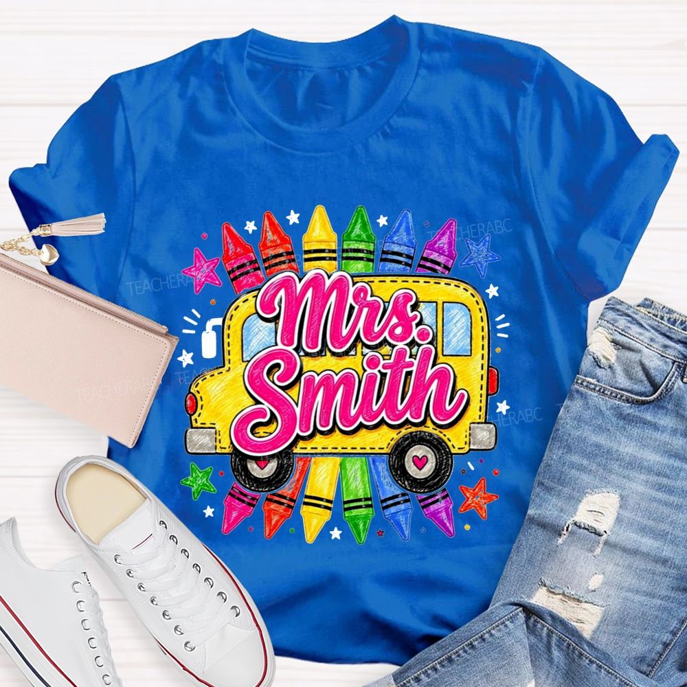 Personalized Name Teacher And School Bus Colorful Crayon Star Teacher T-shirt