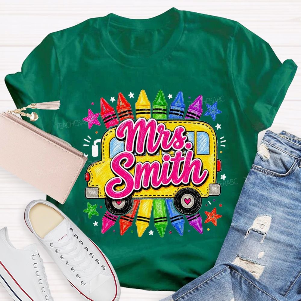 Personalized Name Teacher And School Bus Colorful Crayon Star Teacher T-shirt