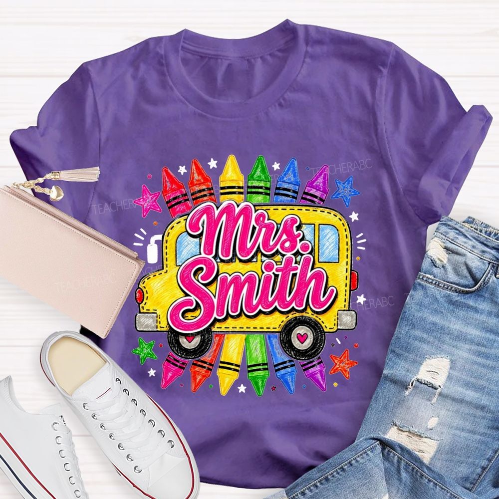 Personalized Name Teacher And School Bus Colorful Crayon Star Teacher T-shirt