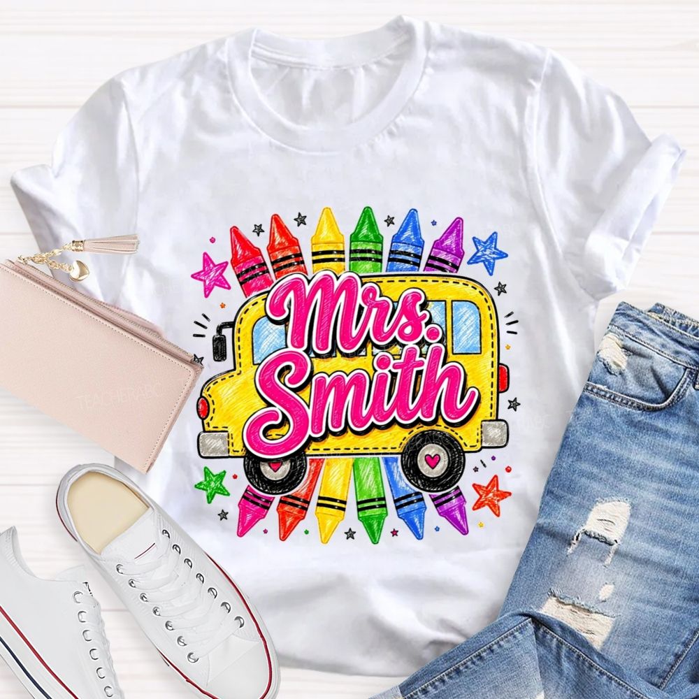 Personalized Name Teacher And School Bus Colorful Crayon Star Teacher T-shirt