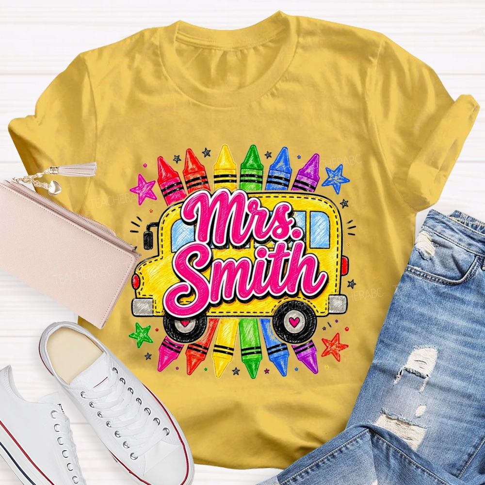 Personalized Name Teacher And School Bus Colorful Crayon Star Teacher T-shirt