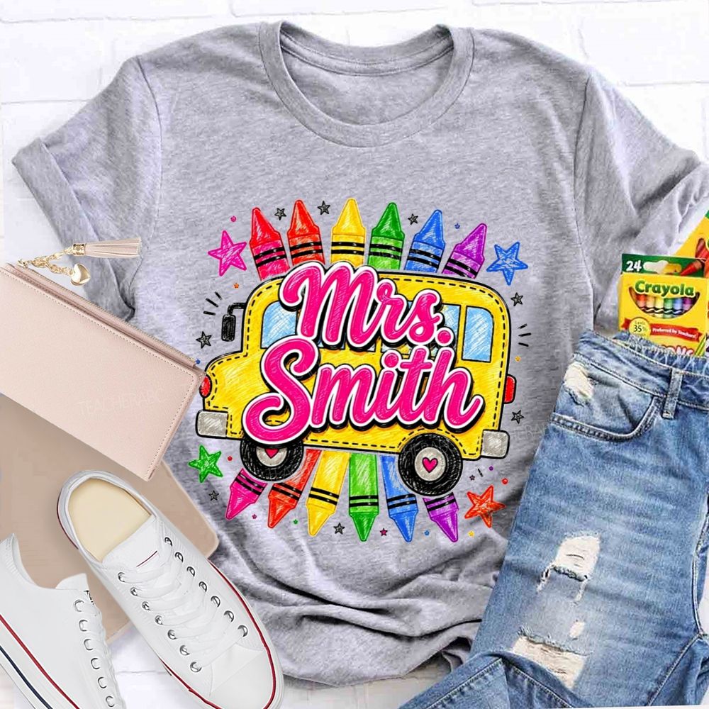 Personalized Name Teacher And School Bus Colorful Crayon Star Teacher T-shirt
