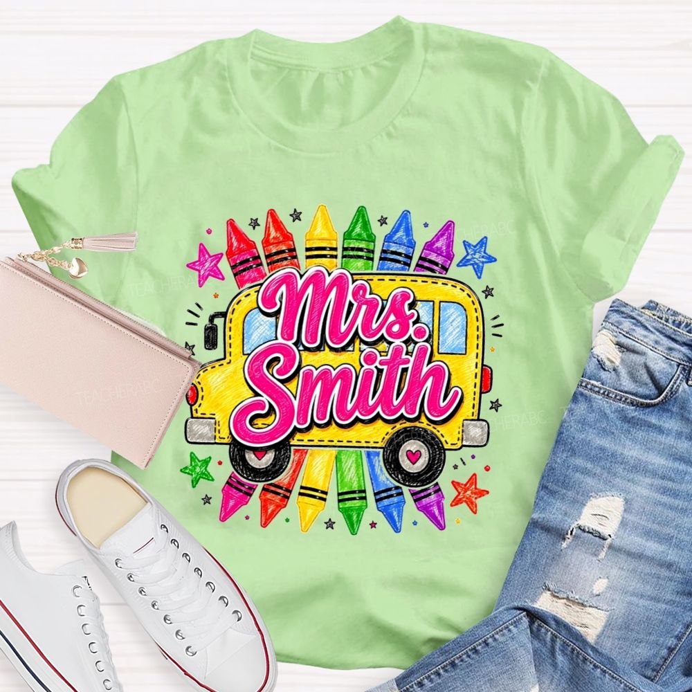 Personalized Name Teacher And School Bus Colorful Crayon Star Teacher T-shirt