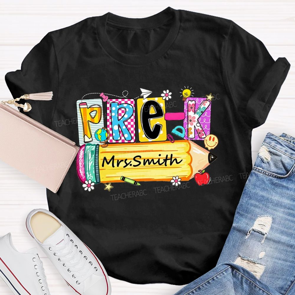 Personalized Name And Grade  Colorful Patchwork Letter Pencil Teacher T-shirt