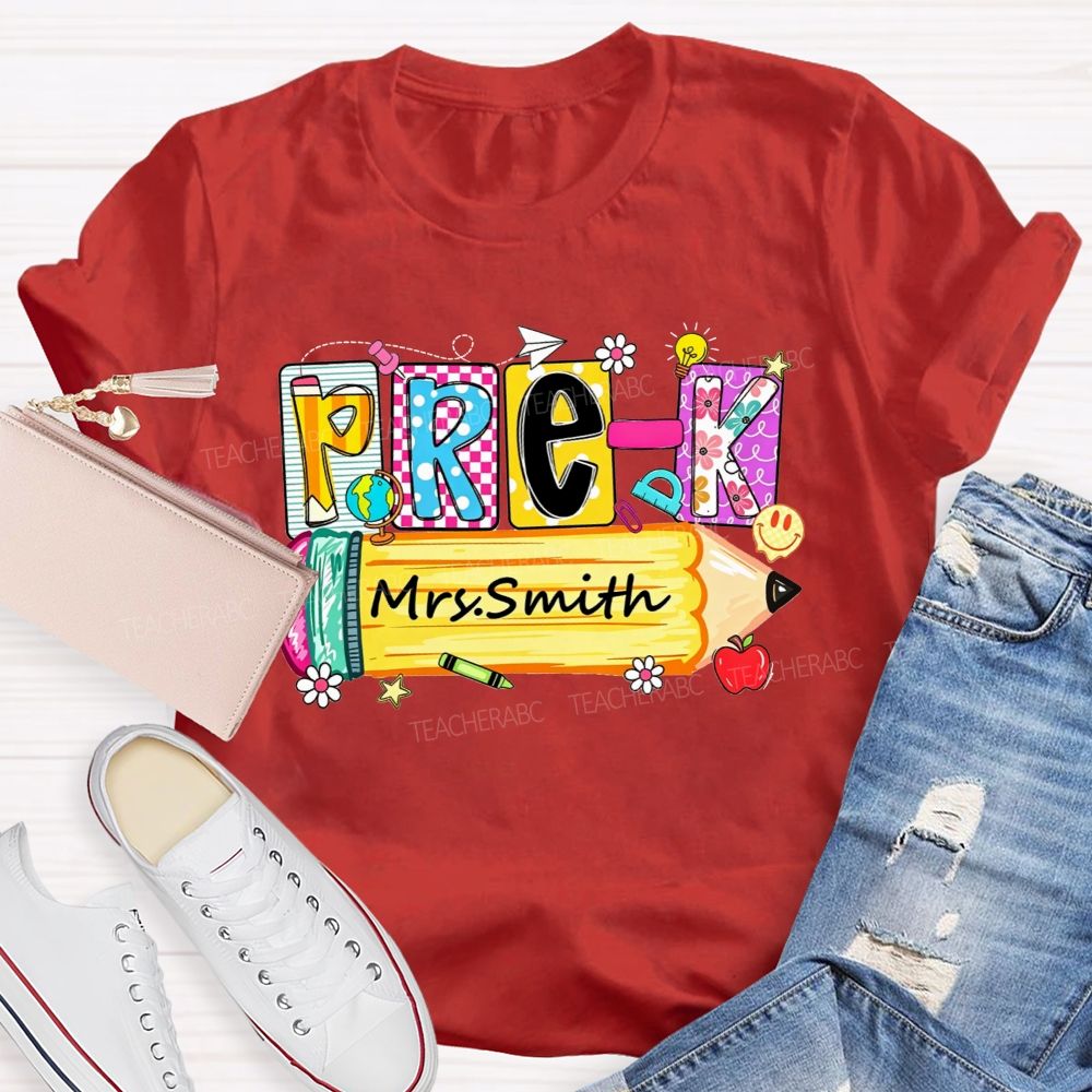 Personalized Name And Grade  Colorful Patchwork Letter Pencil Teacher T-shirt