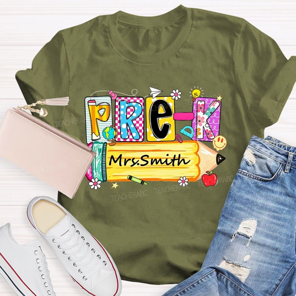 Personalized Name And Grade  Colorful Patchwork Letter Pencil Teacher T-shirt