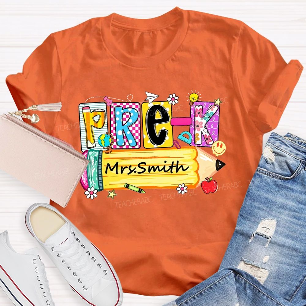 Personalized Name And Grade  Colorful Patchwork Letter Pencil Teacher T-shirt