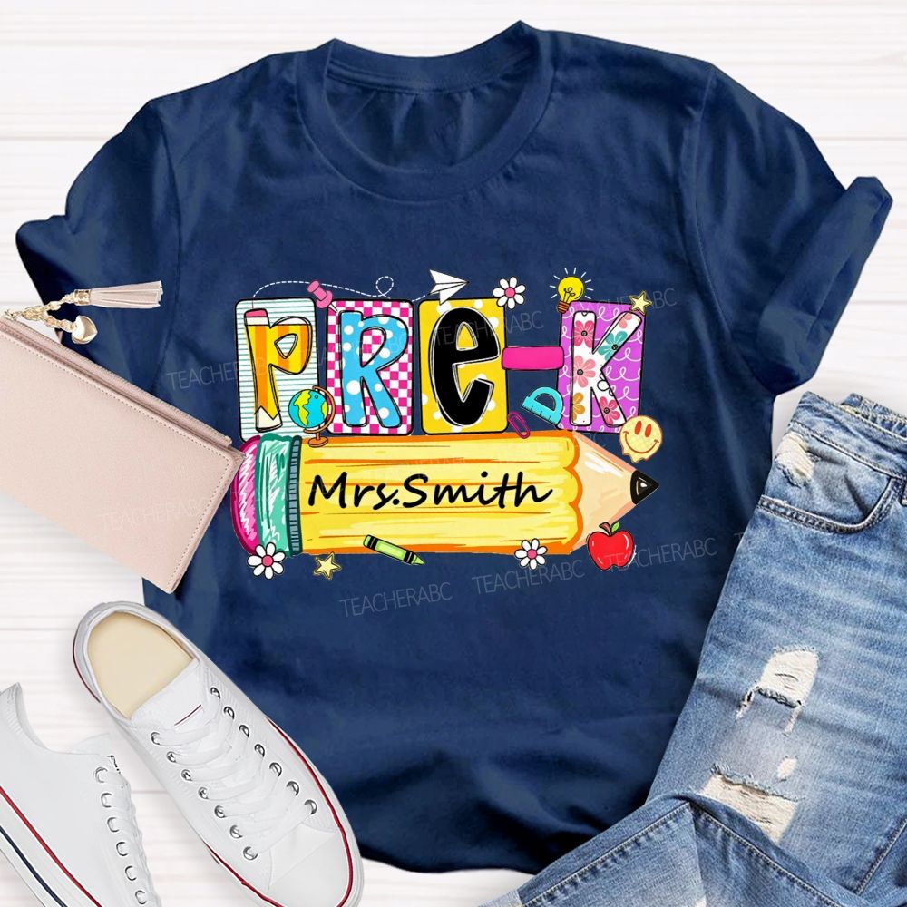Personalized Name And Grade  Colorful Patchwork Letter Pencil Teacher T-shirt
