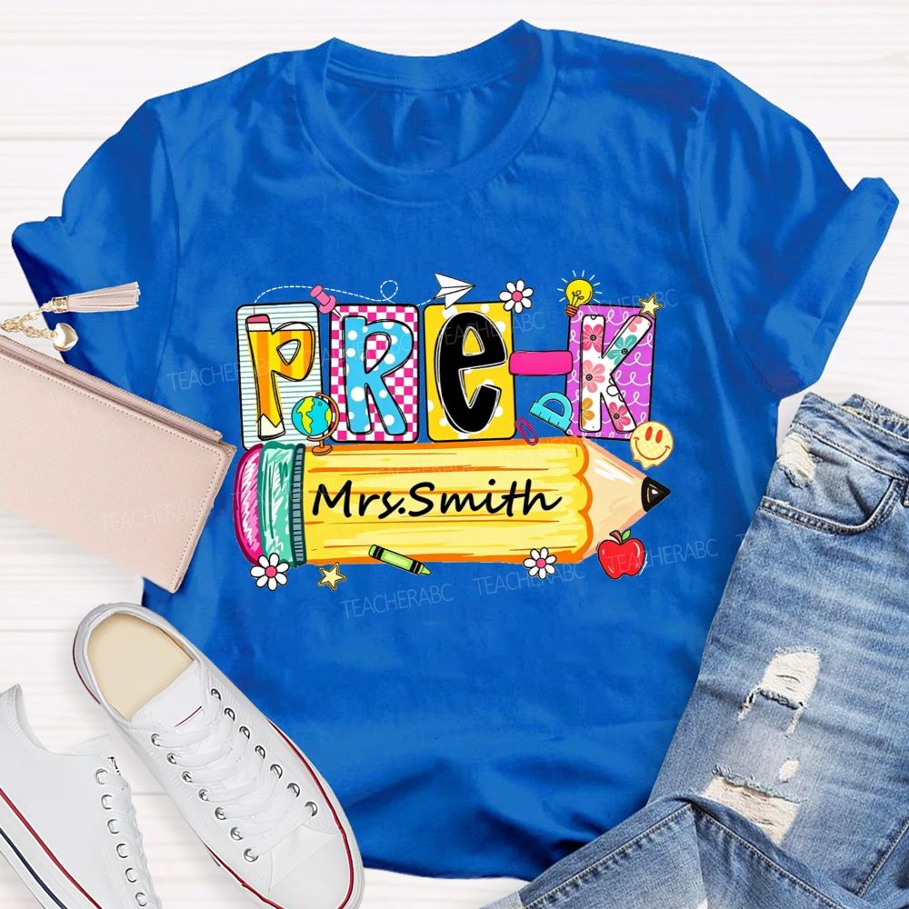 Personalized Name And Grade  Colorful Patchwork Letter Pencil Teacher T-shirt