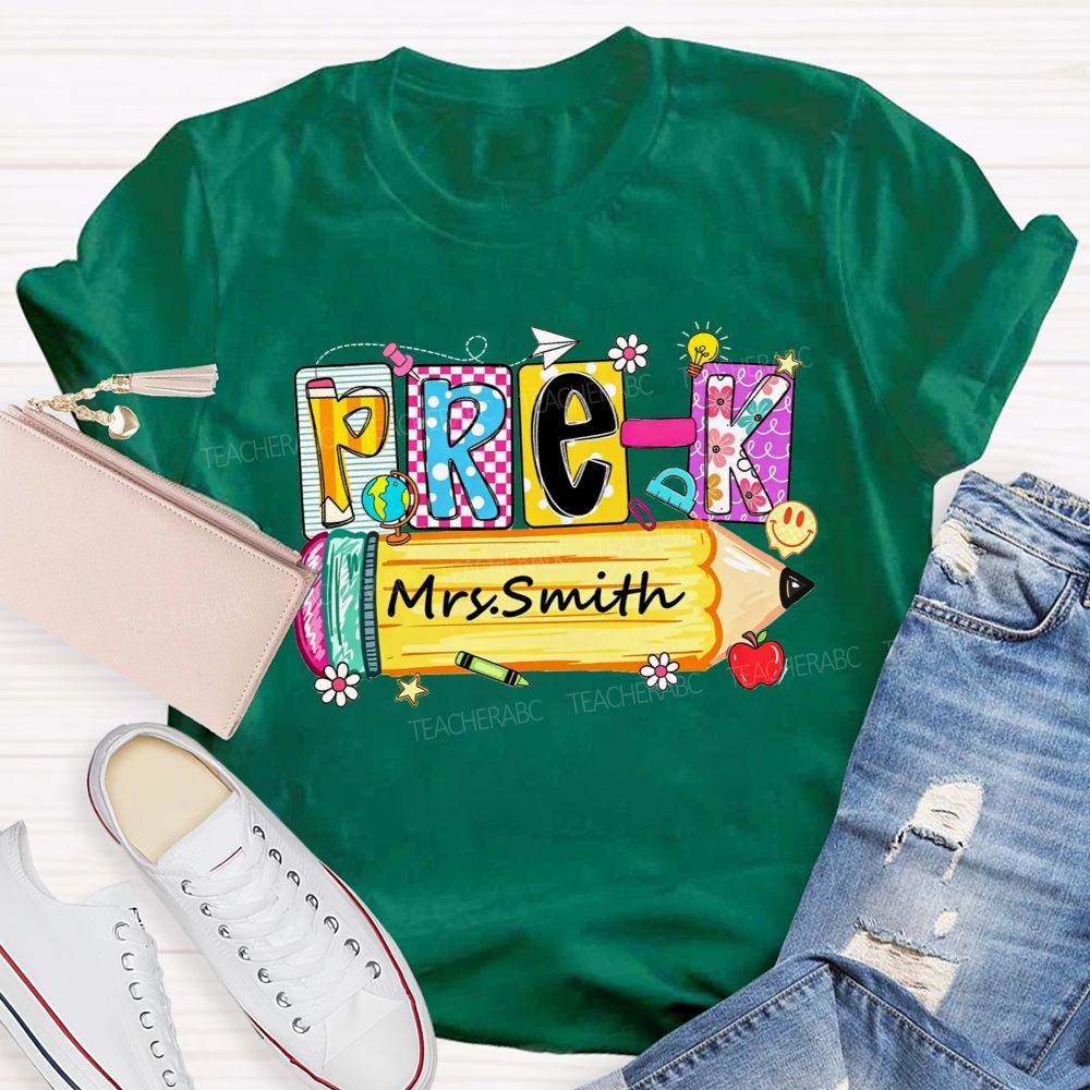 Personalized Name And Grade  Colorful Patchwork Letter Pencil Teacher T-shirt