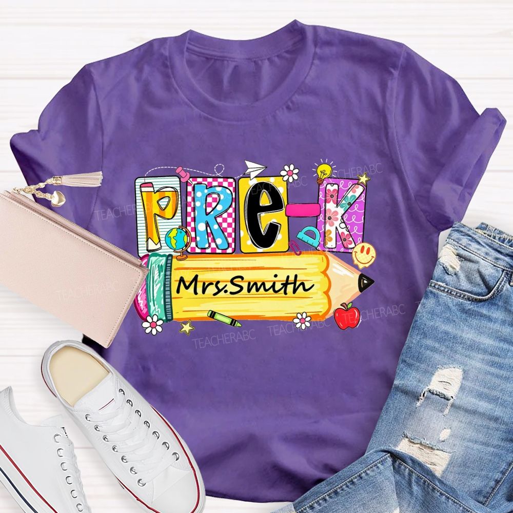 Personalized Name And Grade  Colorful Patchwork Letter Pencil Teacher T-shirt