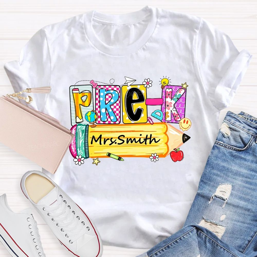 Personalized Name And Grade  Colorful Patchwork Letter Pencil Teacher T-shirt