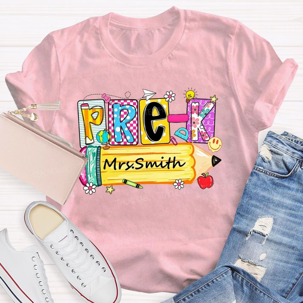 Personalized Name And Grade  Colorful Patchwork Letter Pencil Teacher T-shirt