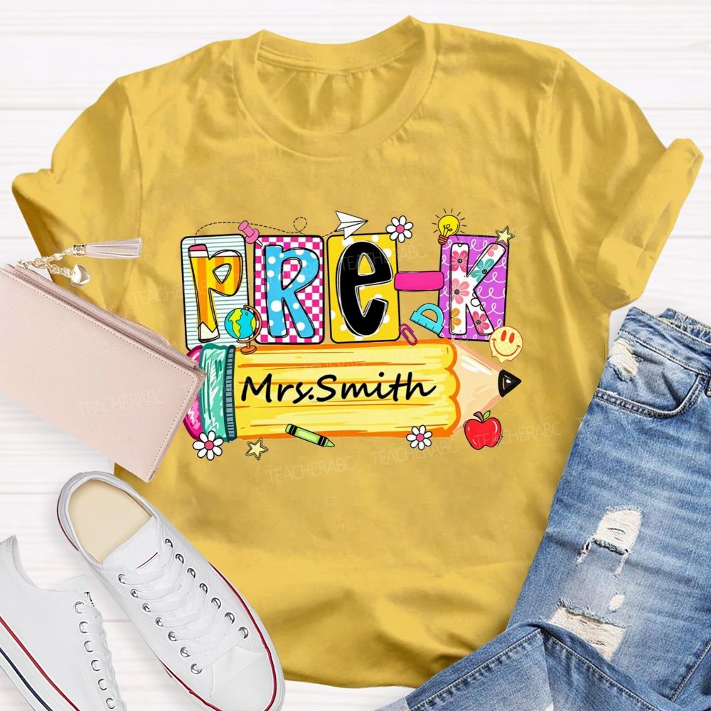 Personalized Name And Grade  Colorful Patchwork Letter Pencil Teacher T-shirt