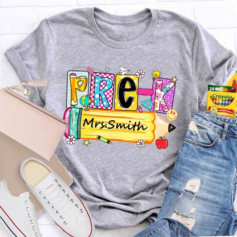 Personalized Name And Grade  Colorful Patchwork Letter Pencil Teacher T-shirt