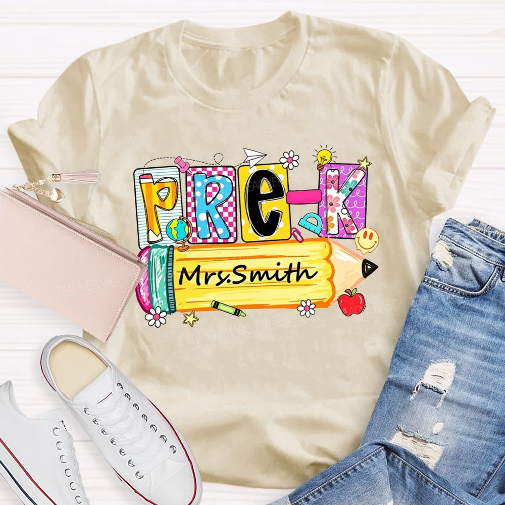 Personalized Name And Grade  Colorful Patchwork Letter Pencil Teacher T-shirt