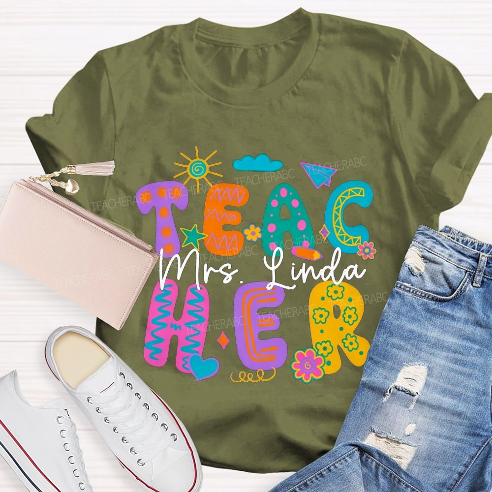 Personalized Name Teacher Doodle Colorful Bubble Letter Teacher T-shirt