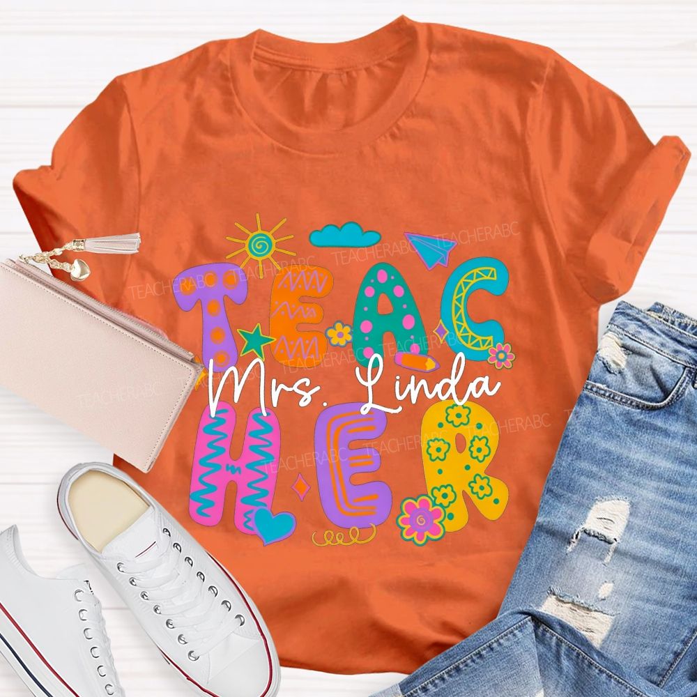 Personalized Name Teacher Doodle Colorful Bubble Letter Teacher T-shirt