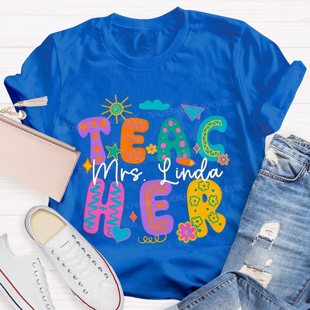 Personalized Name Teacher Doodle Colorful Bubble Letter Teacher T-shirt