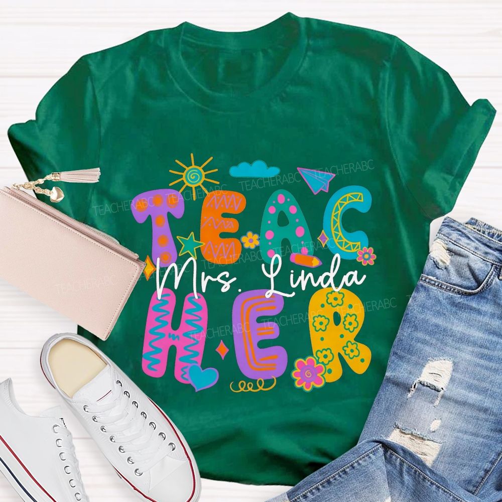 Personalized Name Teacher Doodle Colorful Bubble Letter Teacher T-shirt