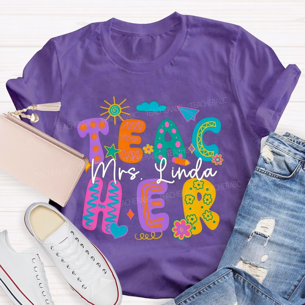 Personalized Name Teacher Doodle Colorful Bubble Letter Teacher T-shirt