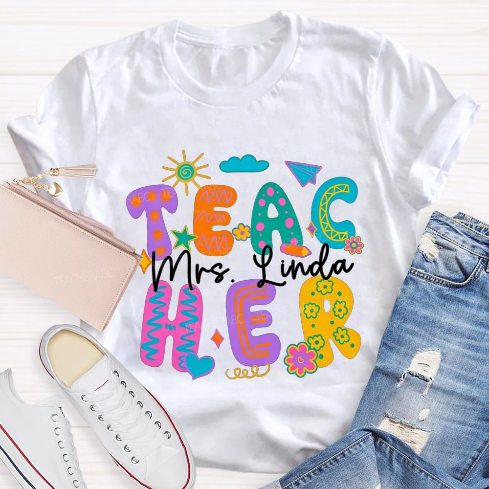 Personalized Name Teacher Doodle Colorful Bubble Letter Teacher T-shirt