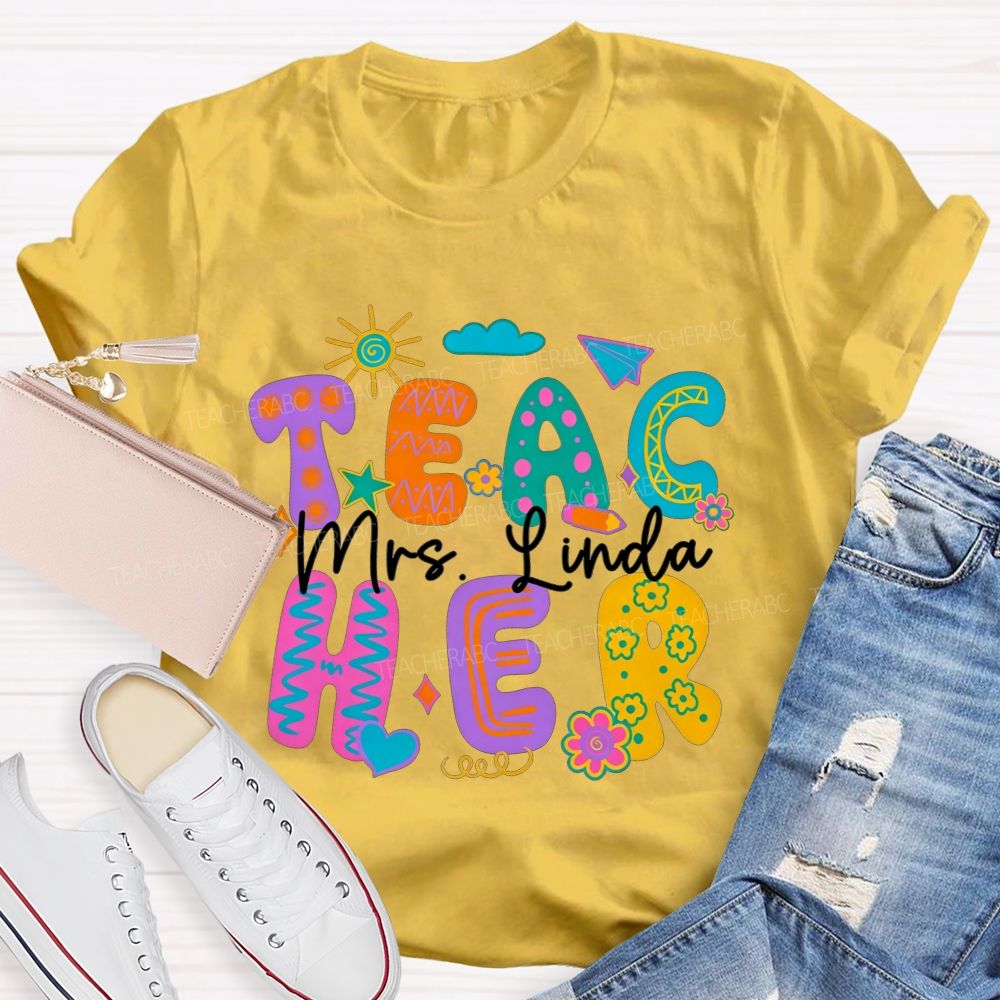 Personalized Name Teacher Doodle Colorful Bubble Letter Teacher T-shirt