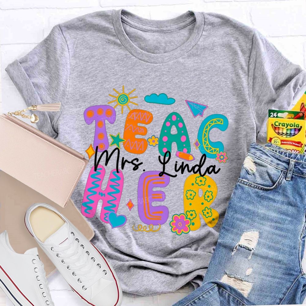Personalized Name Teacher Doodle Colorful Bubble Letter Teacher T-shirt