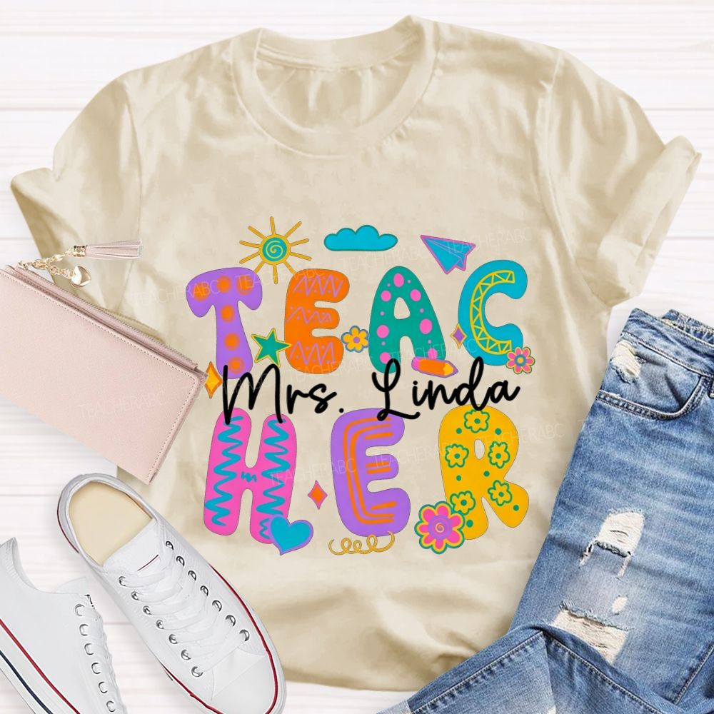 Personalized Name Teacher Doodle Colorful Bubble Letter Teacher T-shirt