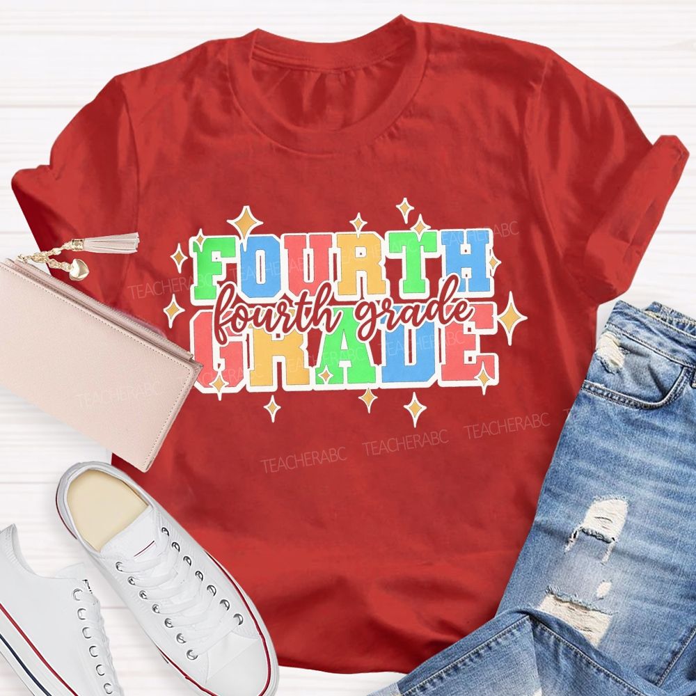 Personalized Grade Fourth Grade Colorful Varsity Letter Star Teacher T-shirt