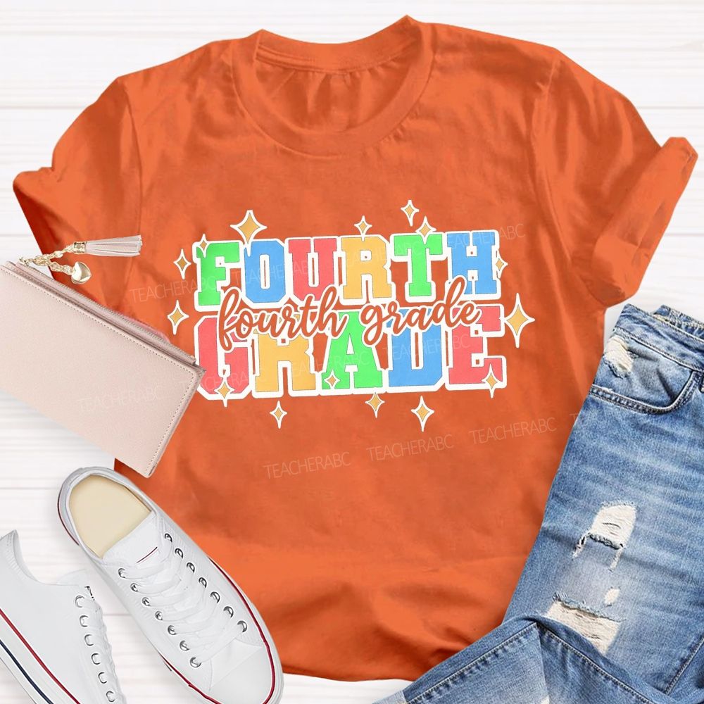 Personalized Grade Fourth Grade Colorful Varsity Letter Star Teacher T-shirt