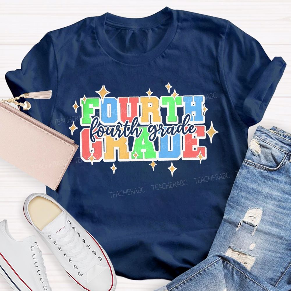 Personalized Grade Fourth Grade Colorful Varsity Letter Star Teacher T-shirt