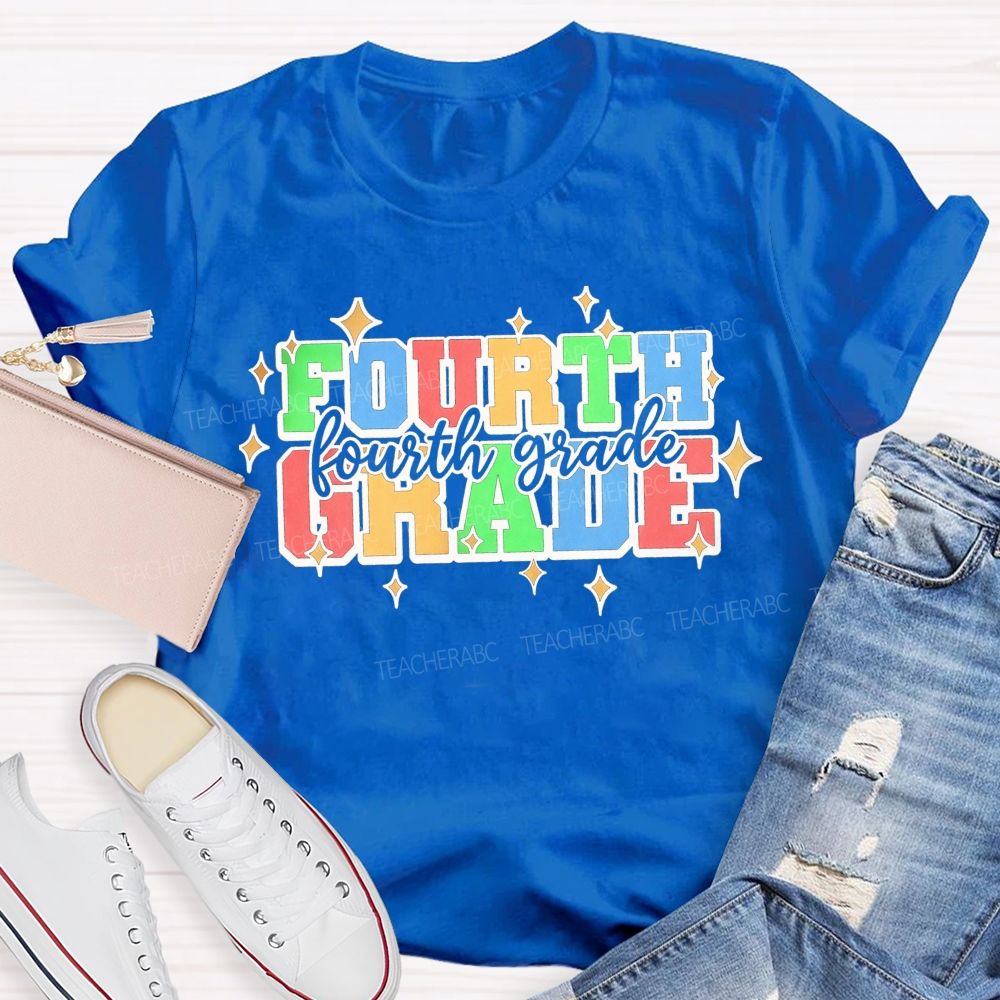 Personalized Grade Fourth Grade Colorful Varsity Letter Star Teacher T-shirt