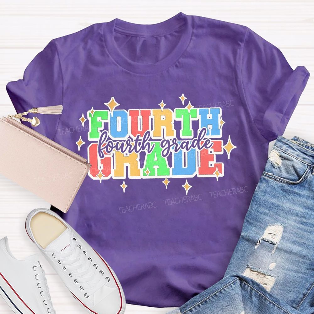Personalized Grade Fourth Grade Colorful Varsity Letter Star Teacher T-shirt
