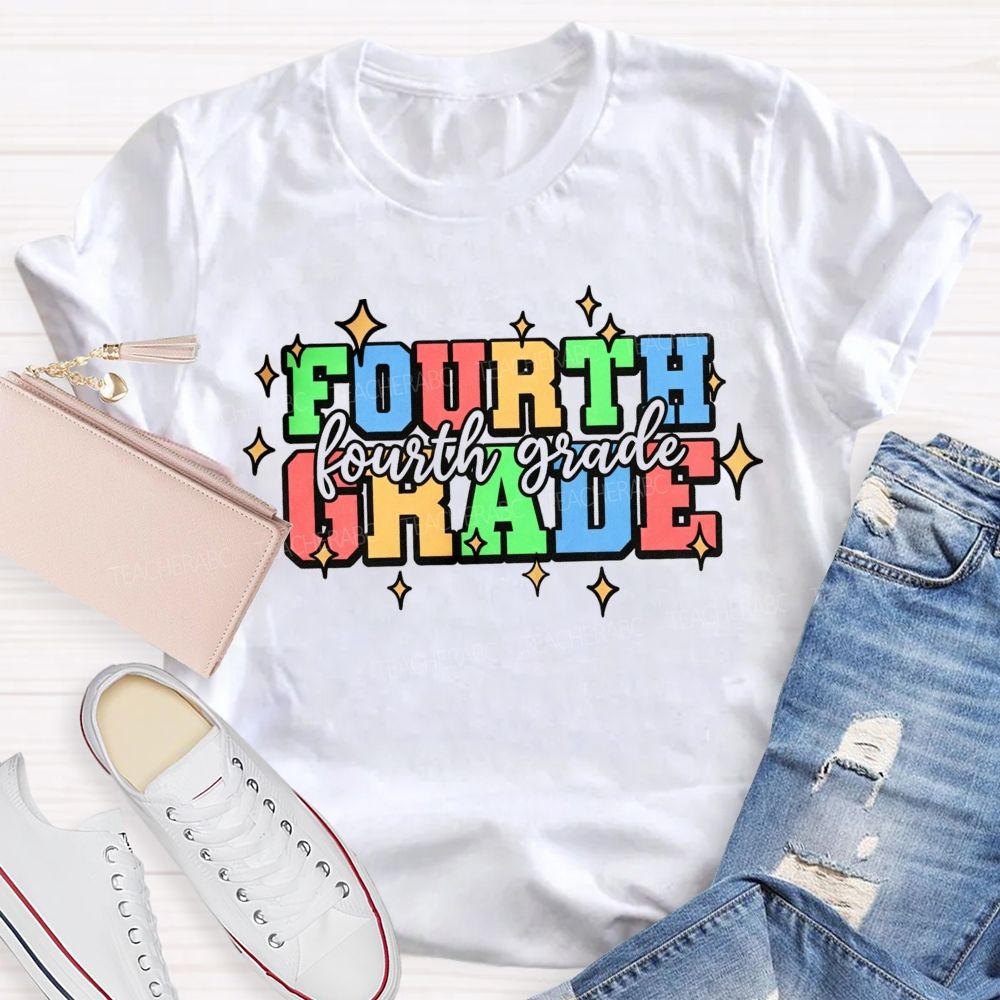 Personalized Grade Fourth Grade Colorful Varsity Letter Star Teacher T-shirt