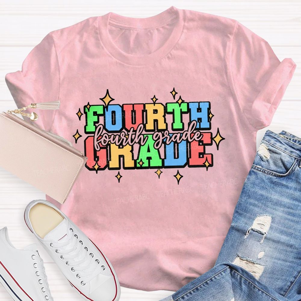 Personalized Grade Fourth Grade Colorful Varsity Letter Star Teacher T-shirt