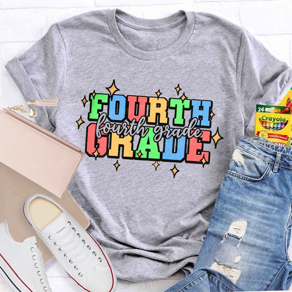 Personalized Grade Fourth Grade Colorful Varsity Letter Star Teacher T-shirt