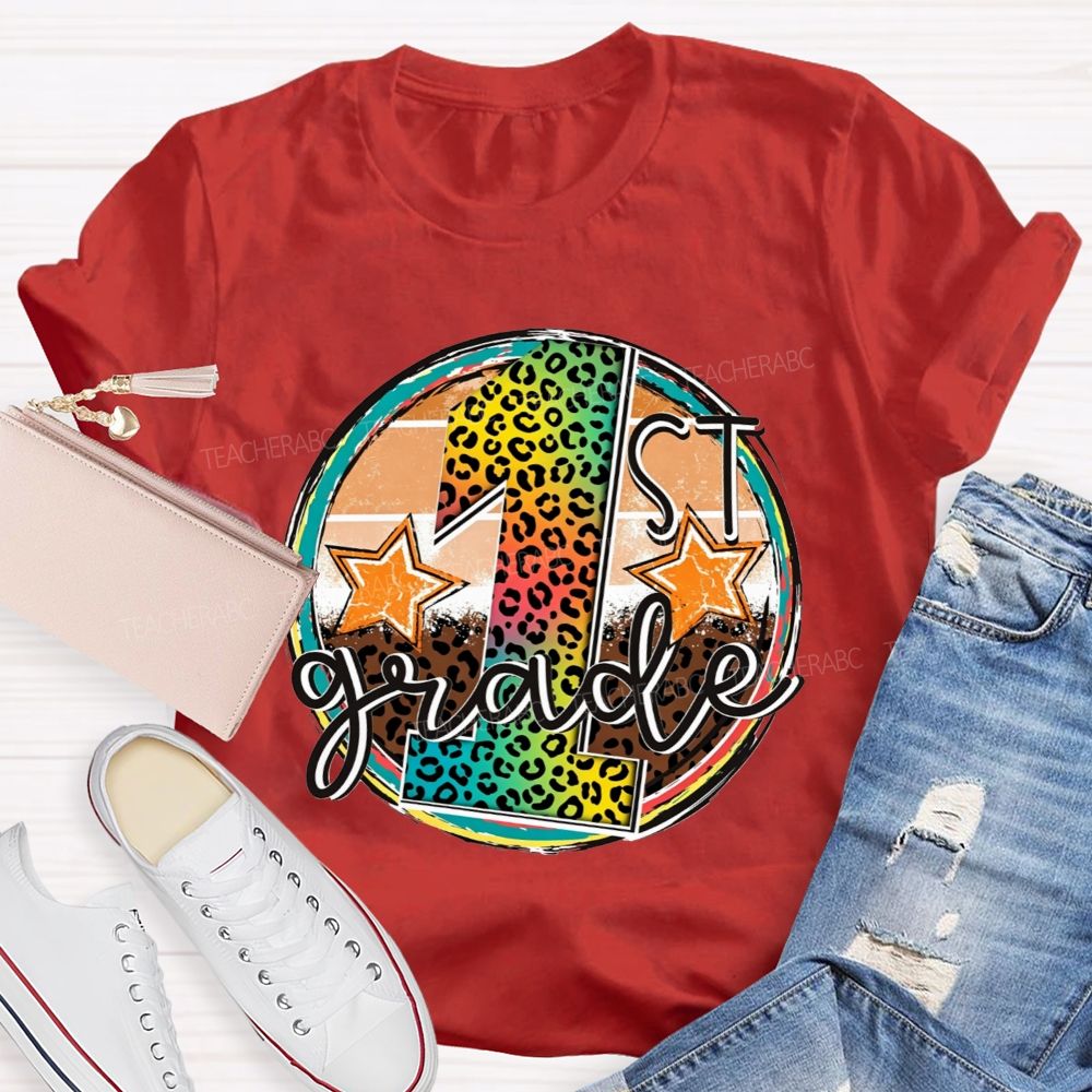 Personalized Grade 1st Grade Rainbow Leopard Circle Star Teacher T-shirt