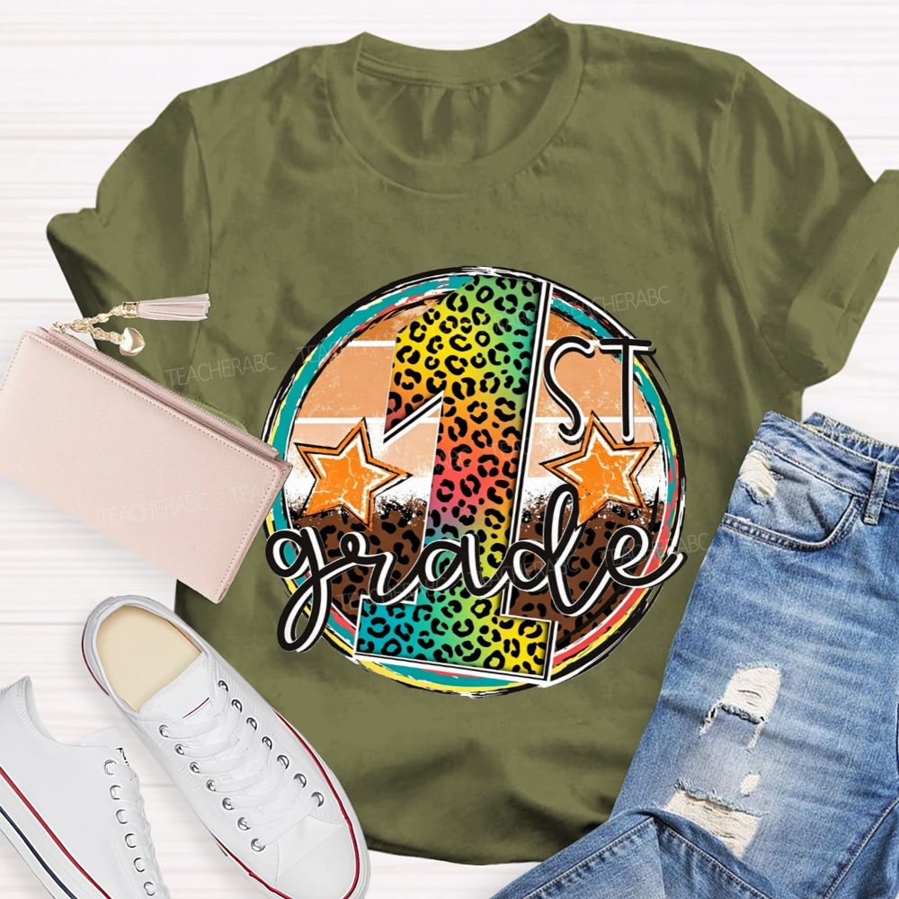 Personalized Grade 1st Grade Rainbow Leopard Circle Star Teacher T-shirt