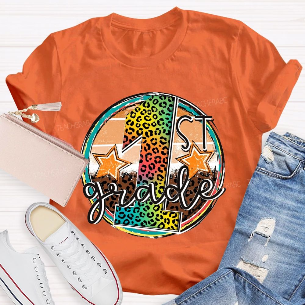 Personalized Grade 1st Grade Rainbow Leopard Circle Star Teacher T-shirt