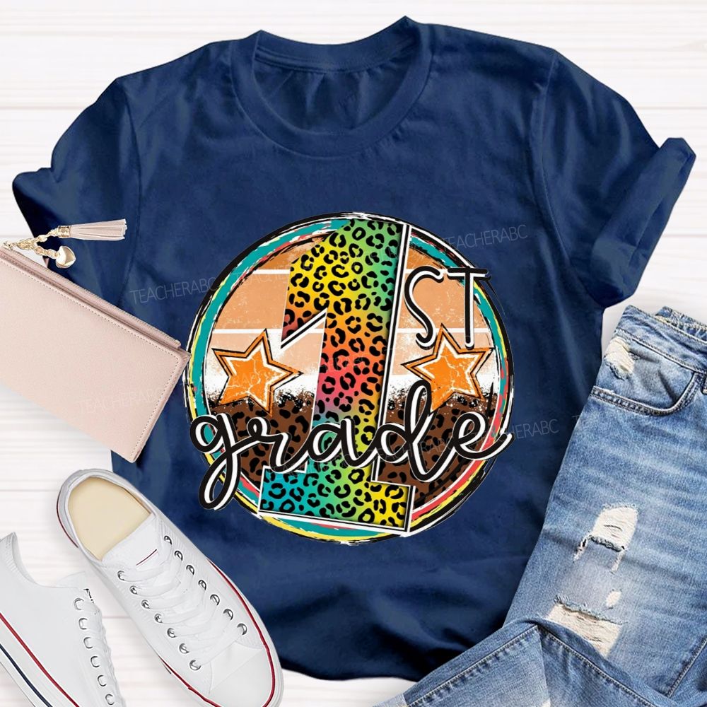 Personalized Grade 1st Grade Rainbow Leopard Circle Star Teacher T-shirt