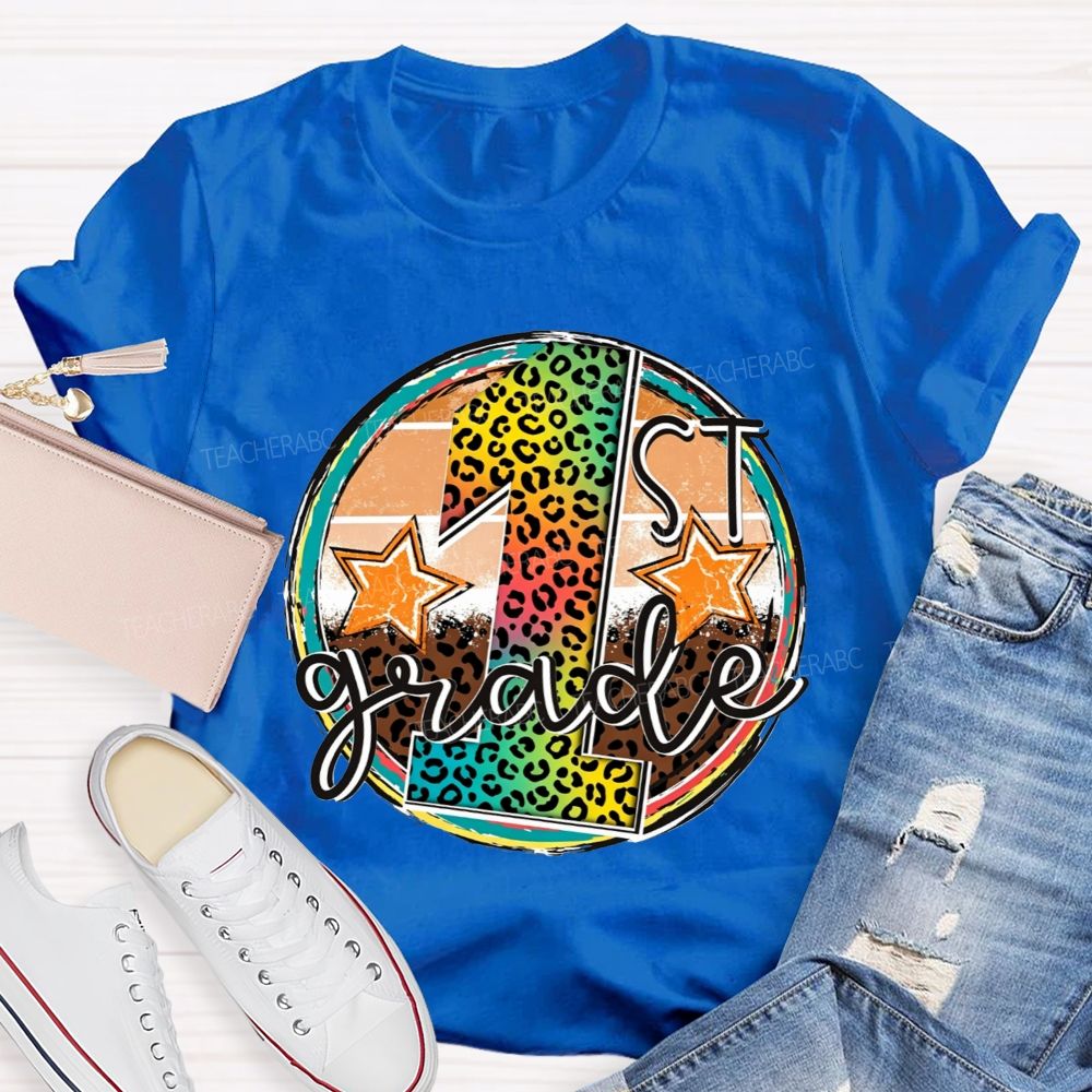 Personalized Grade 1st Grade Rainbow Leopard Circle Star Teacher T-shirt