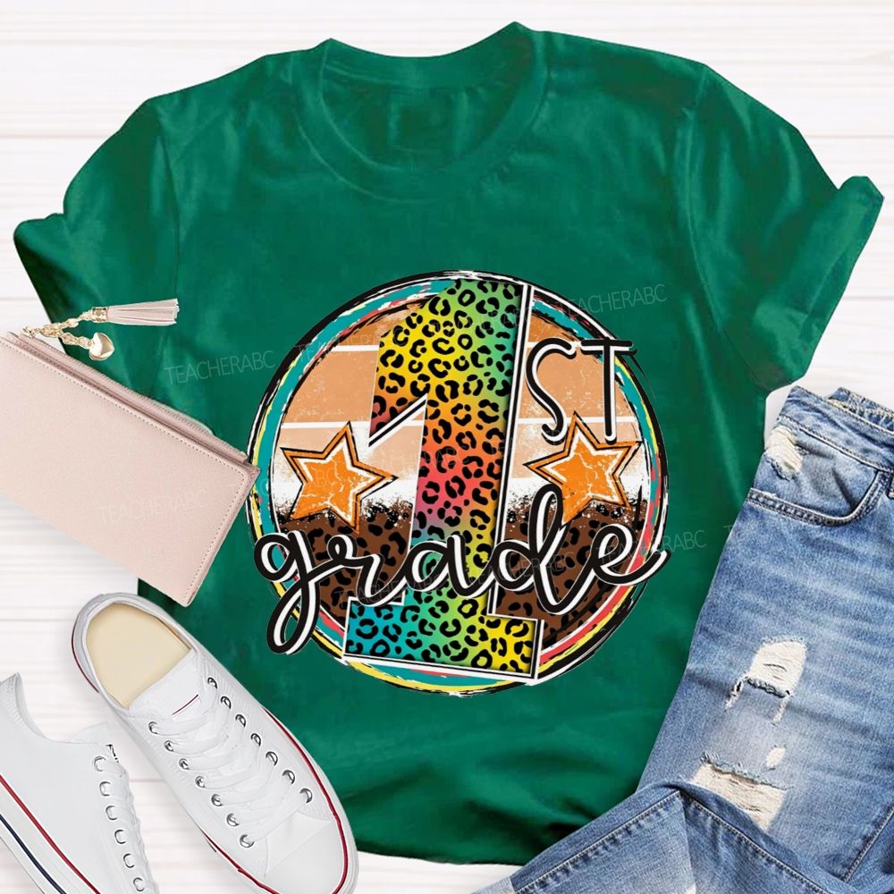 Personalized Grade 1st Grade Rainbow Leopard Circle Star Teacher T-shirt