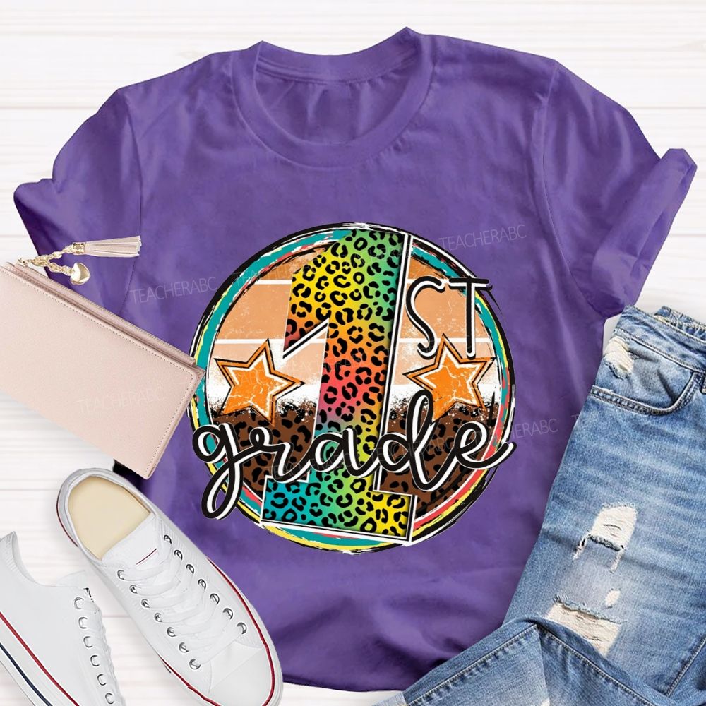 Personalized Grade 1st Grade Rainbow Leopard Circle Star Teacher T-shirt