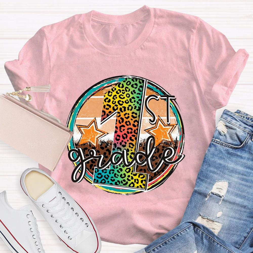Personalized Grade 1st Grade Rainbow Leopard Circle Star Teacher T-shirt