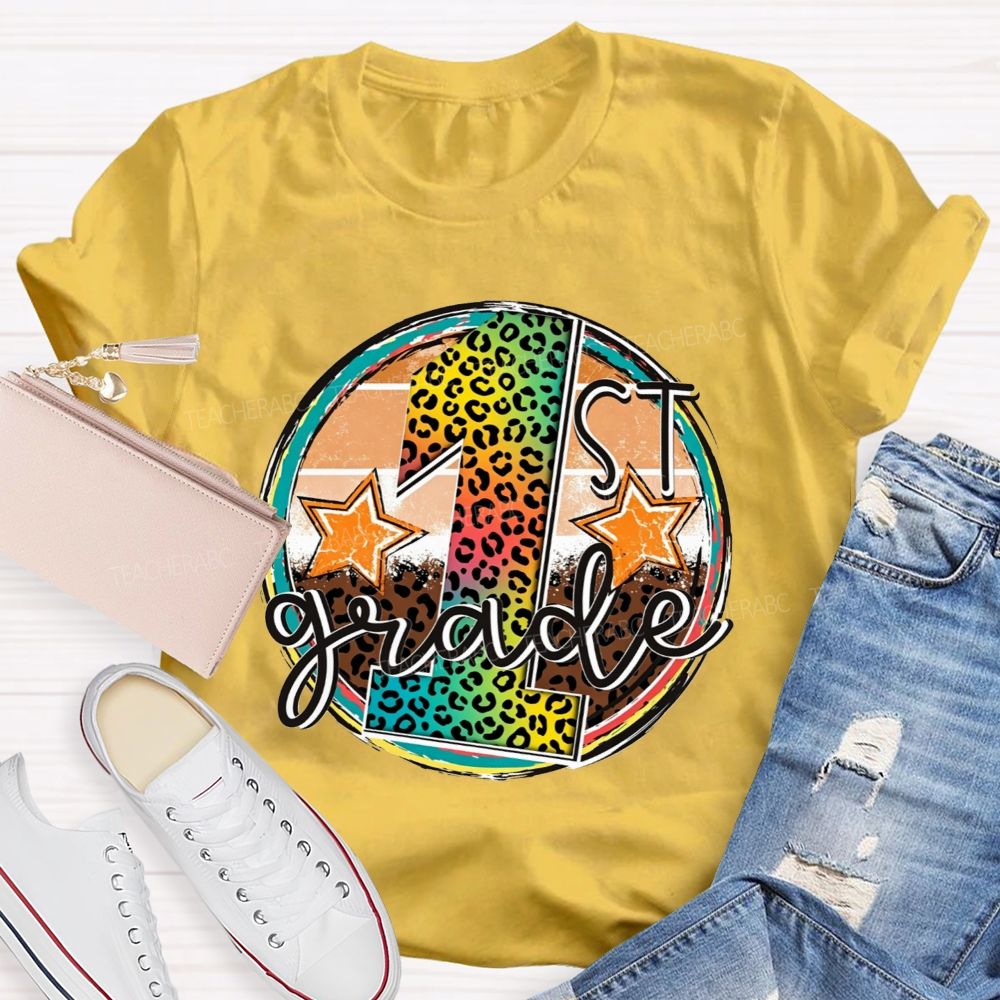 Personalized Grade 1st Grade Rainbow Leopard Circle Star Teacher T-shirt