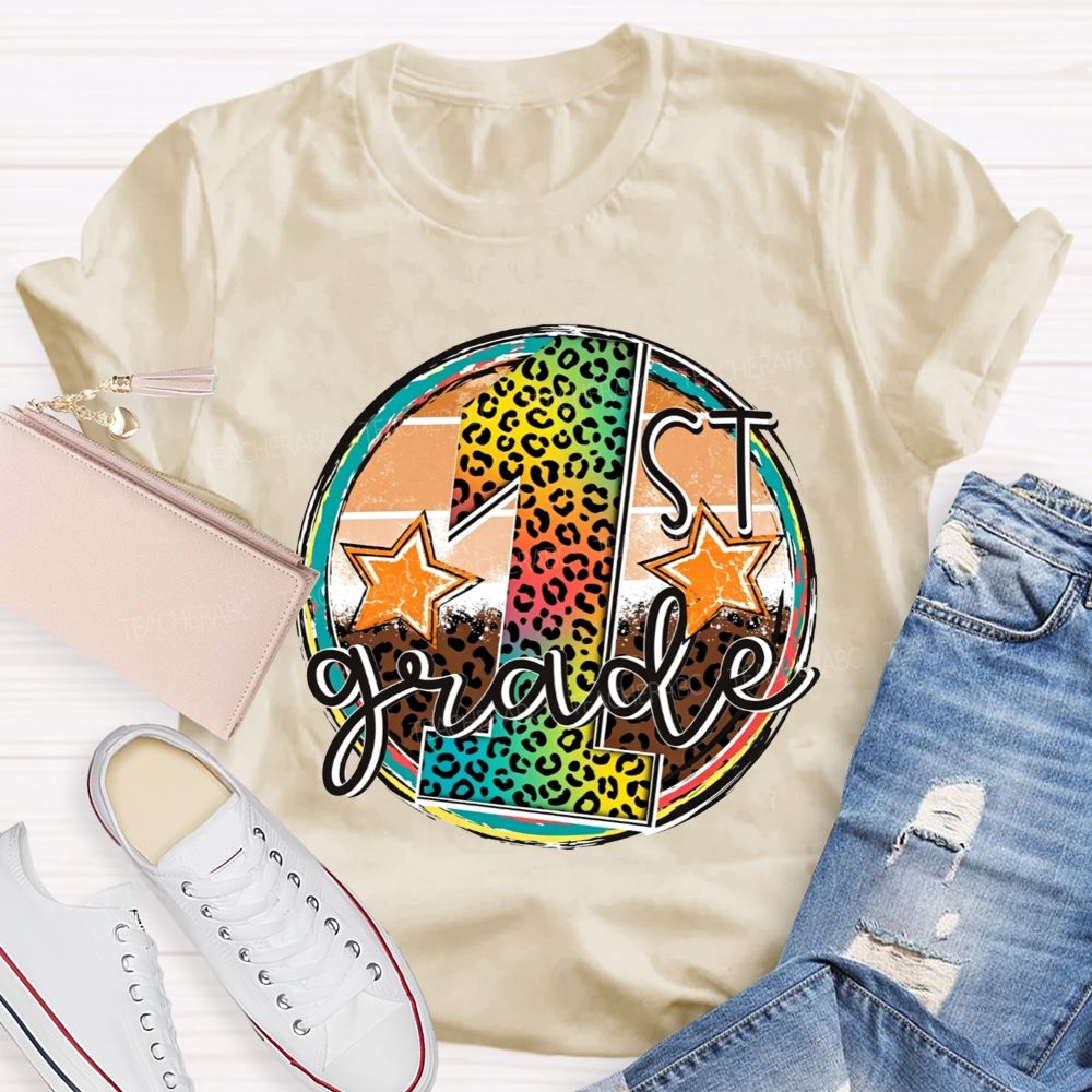 Personalized Grade 1st Grade Rainbow Leopard Circle Star Teacher T-shirt
