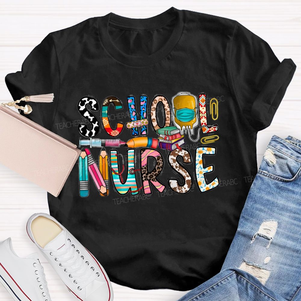 School Nurse Blue Leopard Pencil Flower Teacher T-Shirt