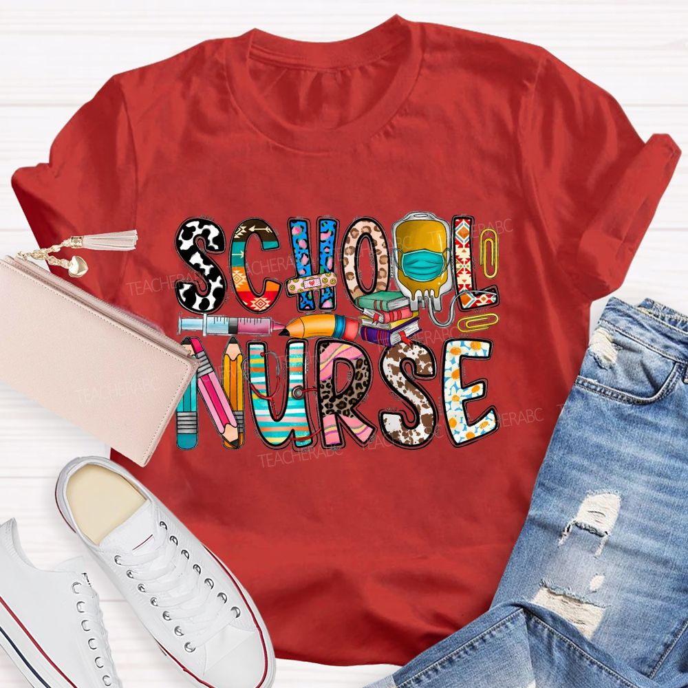 School Nurse Blue Leopard Pencil Flower Teacher T-Shirt