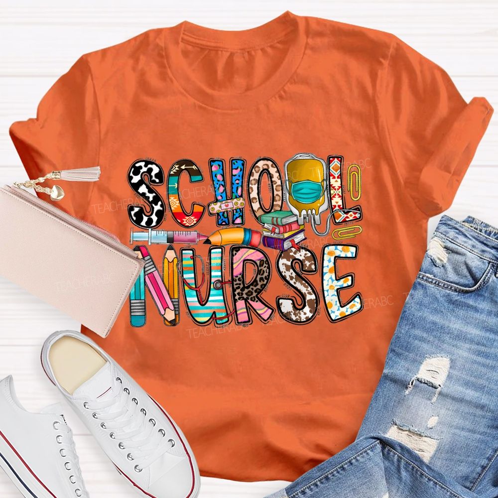School Nurse Blue Leopard Pencil Flower Teacher T-Shirt